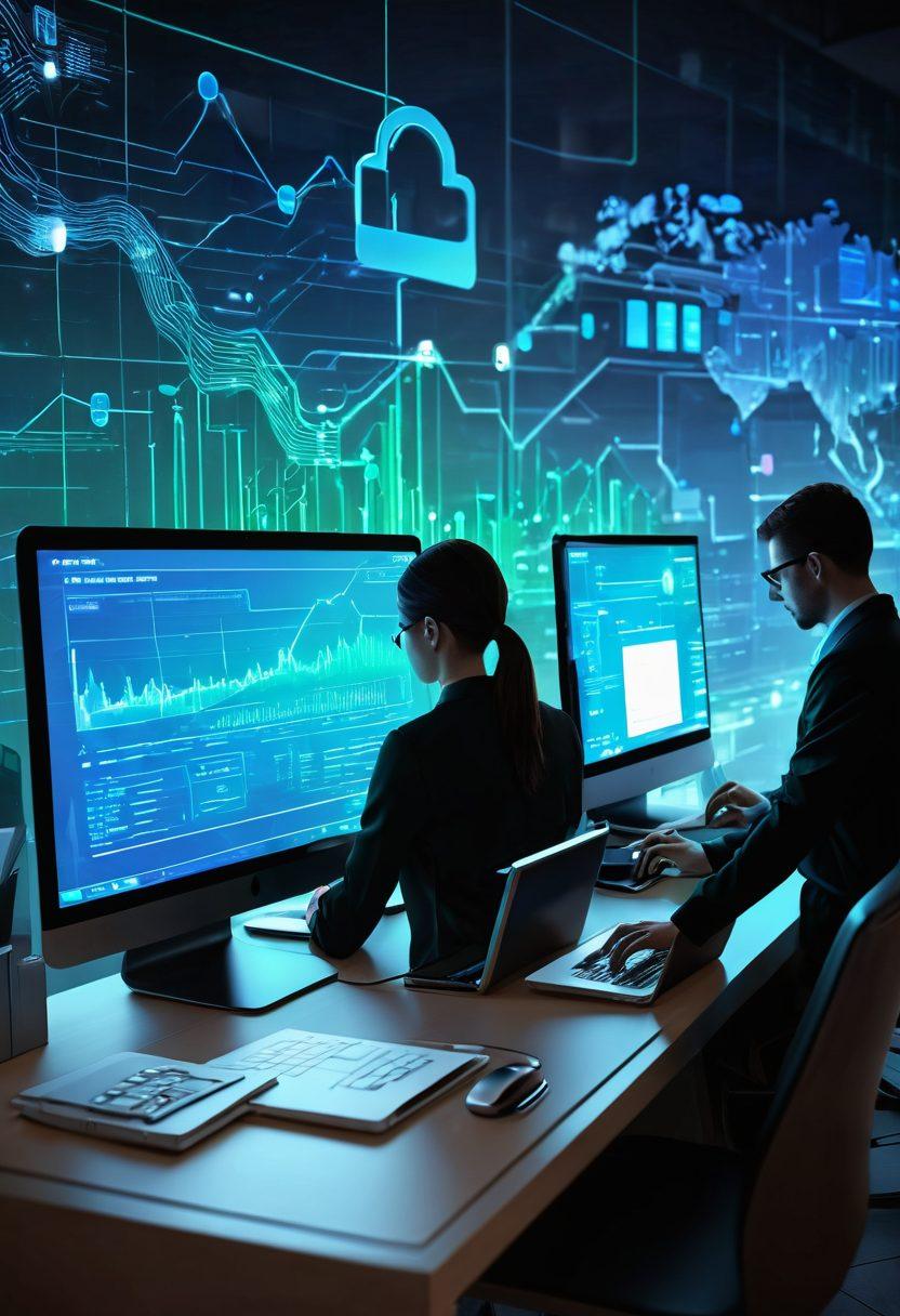 A futuristic digital landscape depicting secure online banking, featuring a sleek computer interface with transaction charts, padlocks, and secure servers. In the background, diverse individuals using various devices like smartphones, tablets, and laptops, showcasing the accessibility of financial tools. Bright blue and green tones emphasize trust and security, with glowing lines symbolizing data flow. super-realistic. vibrant colors. 3D.