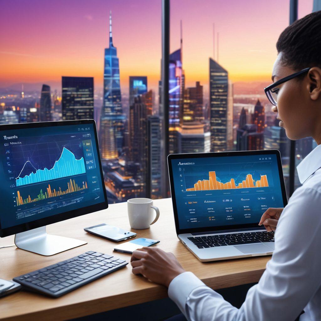A futuristic digital bank interface showing diverse people managing their finances on various devices like smartphones and laptops. Include visual elements like graphs and charts representing growth and accessibility, with a serene background of a city skyline to symbolize connectivity. Use bright, modern colors to evoke a sense of security and innovation. super-realistic. vibrant colors.
