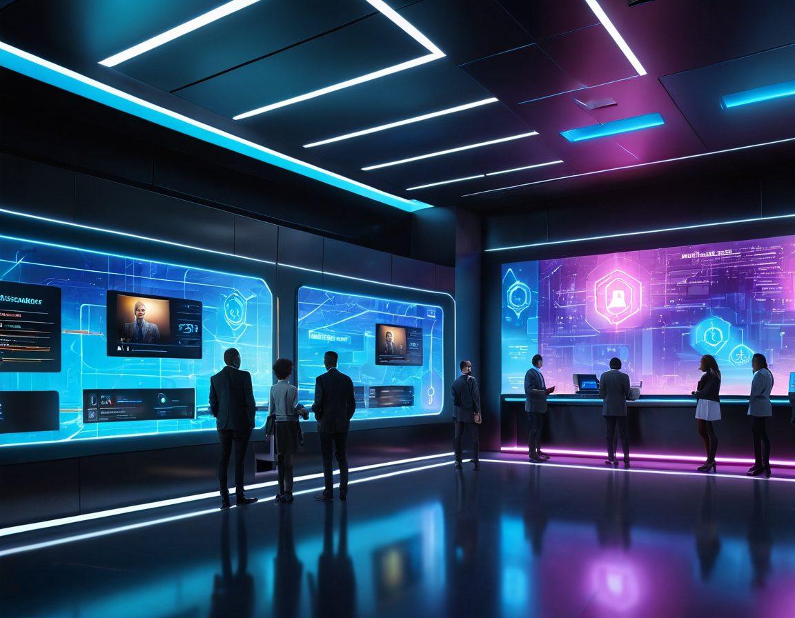 A futuristic bank interior showcasing digital solutions like holographic interfaces and interactive screens. Include diverse people using advanced technology seamlessly, with symbols of security like locks and shields integrated into the design. Bright neon colors illuminate the scene, emphasizing innovation and convenience. The setting has a sleek, modern architecture that inspires trust and efficiency. super-realistic. vibrant colors. 3D.